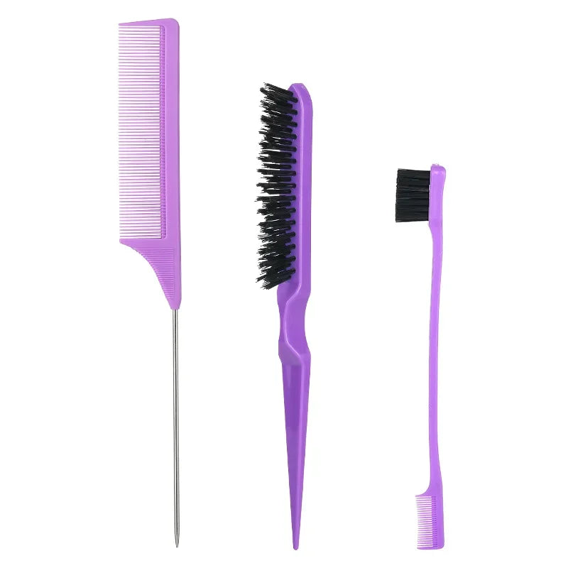 3Pcs Slick Back Hair Brush Set Bristle Hair Brush Teasing Comb for Women Black Hair