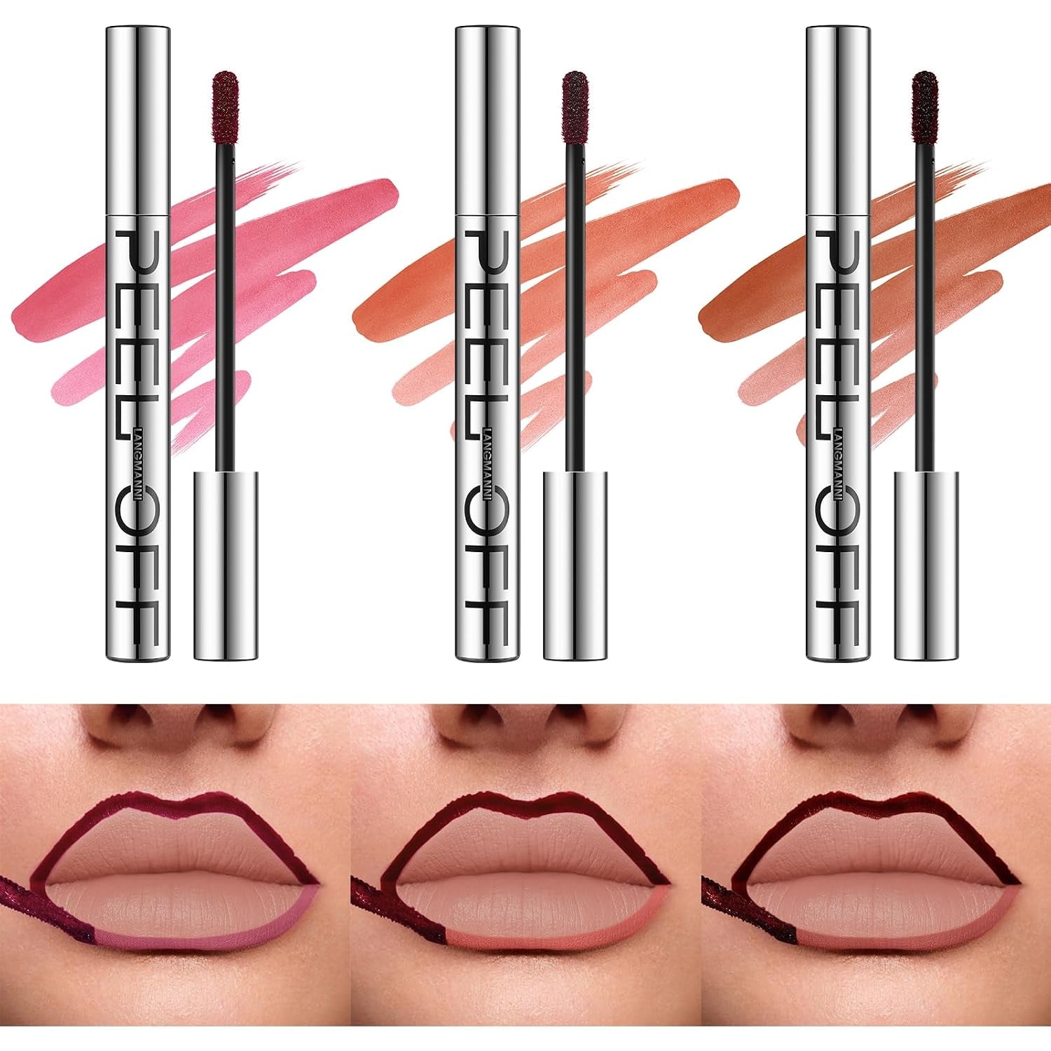 3 Colors Long-Lasting Peel off Lip Liner Set, Waterproof & Smudge-Proof Matte Lip Liners Gift Makeup for Girls (#1+2+3)