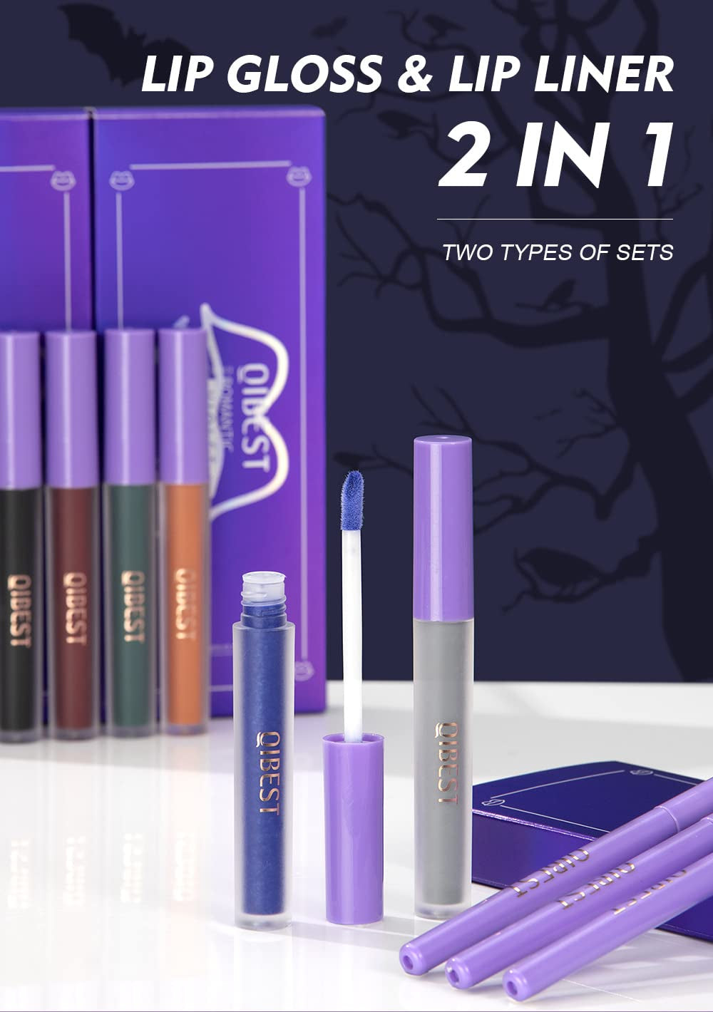 2Pcs Matte Lip Liner & Lip Gloss Kit White Green Black Purple Vampire Lipstick Non-Stick Cup Non-Fading Liquid Lipstick Long-Lasting for Halloween Cosplay (#4 Gray)