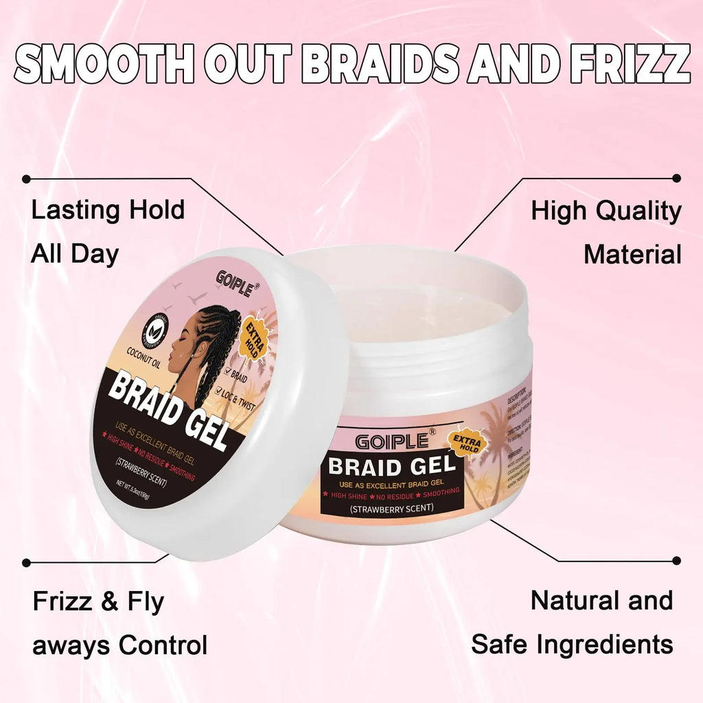 5.3Oz Strawberry Scent Braid Gel with Coconut Oil Loc & Twist Styling Frizz Control Smooth Hair Extra Hold Shaping Pomade