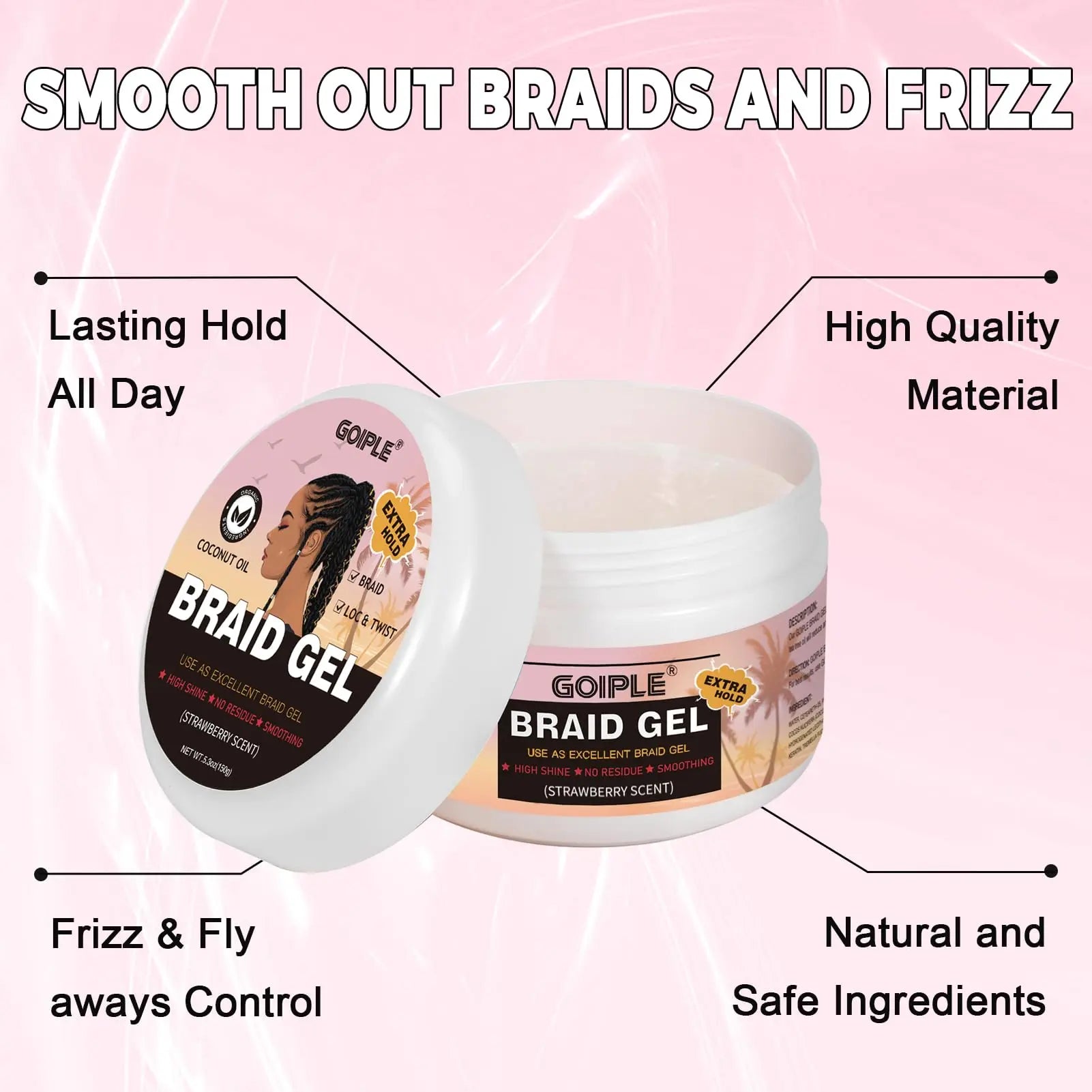 5.3Oz Strawberry Scent Braid Gel with Coconut Oil Loc & Twist Styling Frizz Control Smooth Hair Extra Hold Shaping Pomade