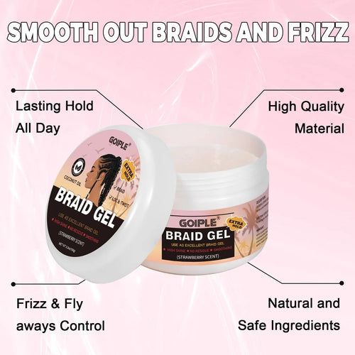 5.3Oz Strawberry Scent Braid Gel with Coconut Oil Loc & Twist Styling Frizz Control Smooth Hair Extra Hold Shaping Pomade