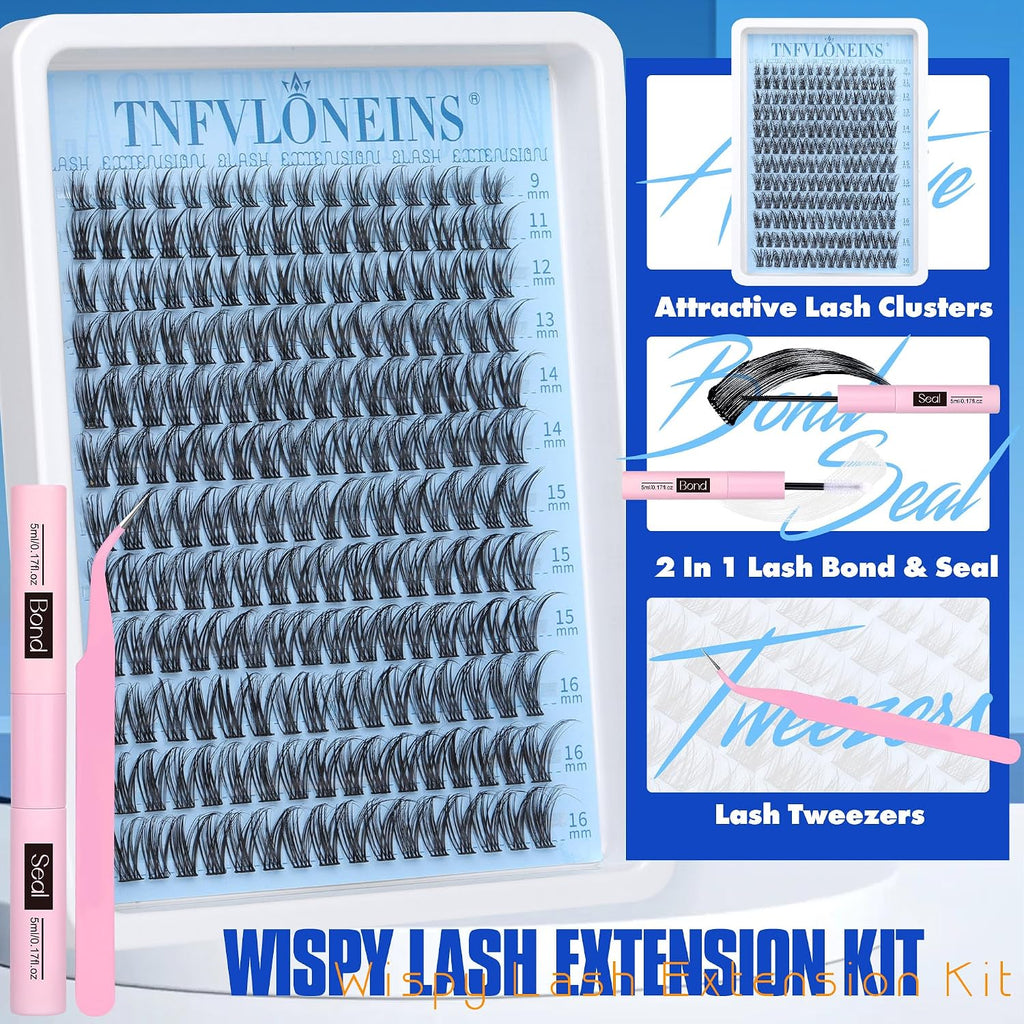 Wispy Lash Clusters Kit Natural Eyelash Extension Kit C Curl Lash Extension Kit Waterproof Individual Lashes Clusters DIY Cluster Eyelash Extensions Soft Eyelash Clusters Kit,Bond and Seal