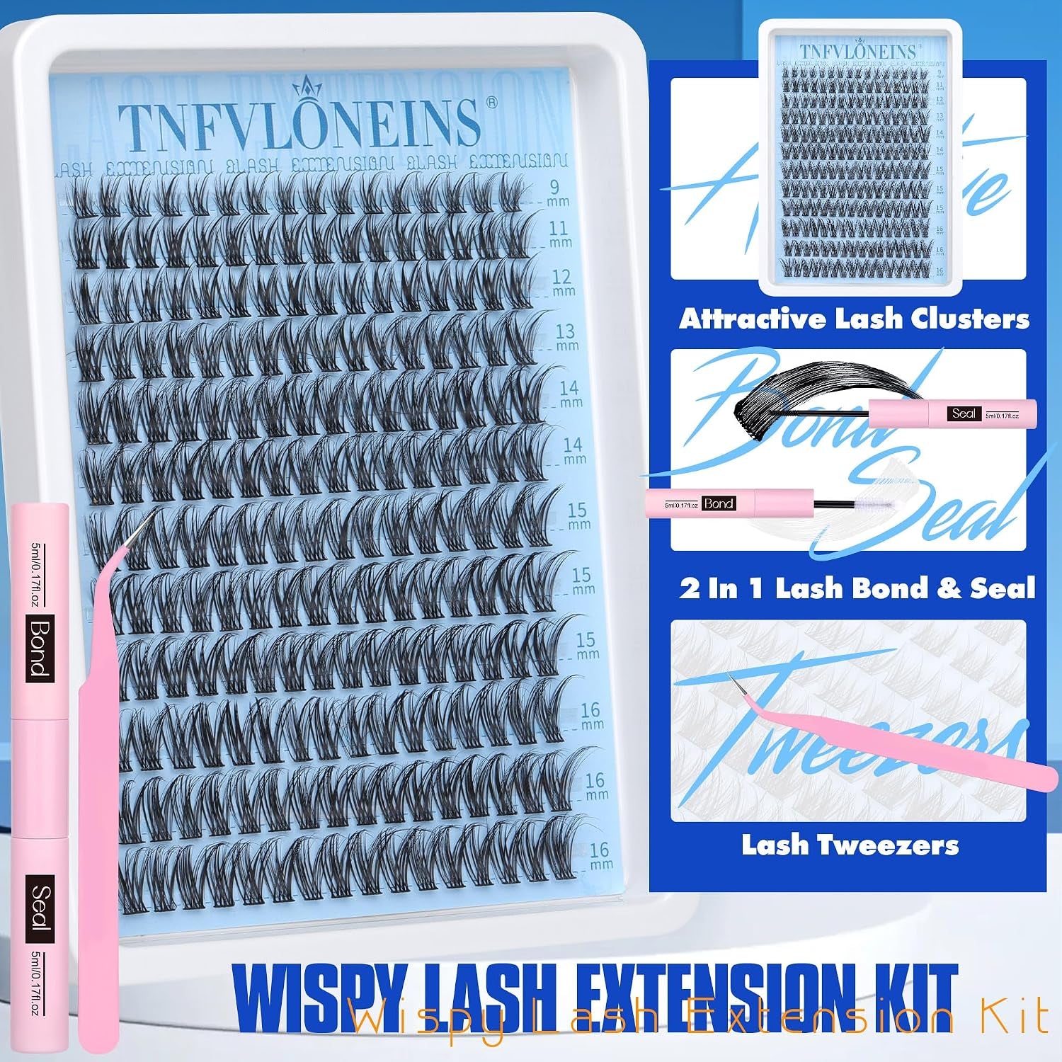 Wispy Lash Clusters Kit Natural Eyelash Extension Kit C Curl Lash Extension Kit Waterproof Individual Lashes Clusters DIY Cluster Eyelash Extensions Soft Eyelash Clusters Kit,Bond and Seal