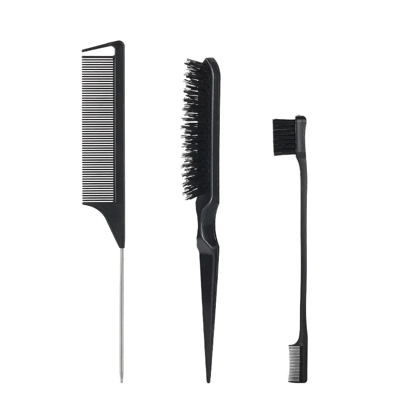 3Pcs Slick Back Hair Brush Set Bristle Hair Brush Teasing Comb for Women Black Hair