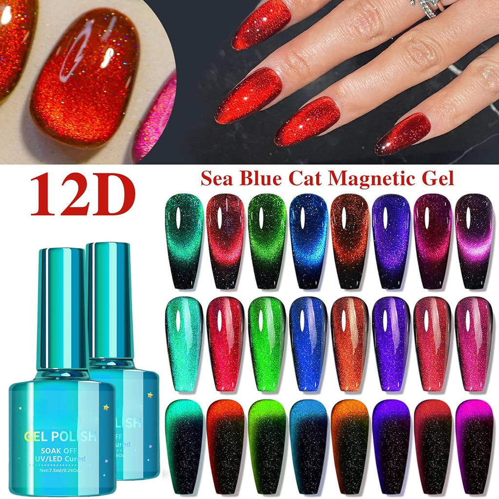 Red Cat Eye Gel Polish, 12D Cats Eye Effect, Wine Glitter Nail Polish, Magnetic Nail Polish Gel for Women