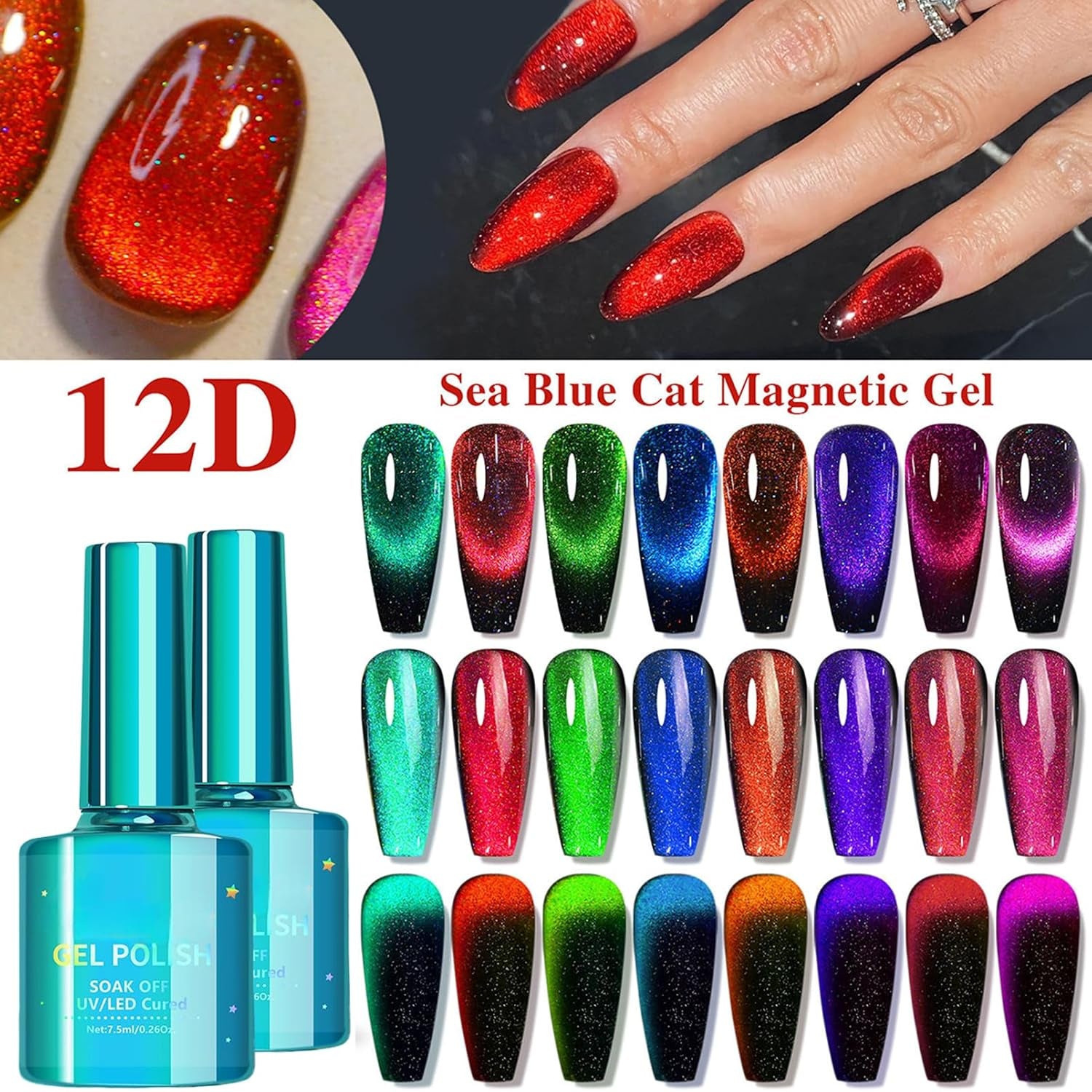 Red Cat Eye Gel Polish, 12D Cats Eye Effect, Wine Glitter Nail Polish, Magnetic Nail Polish Gel for Women