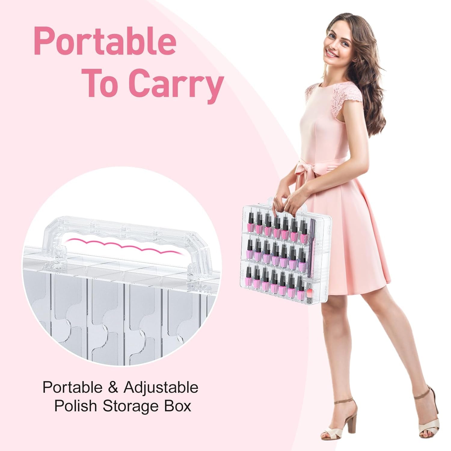 Nail Polish Organizer, 48 Bottles Transparent Nail Polish Holder with Adjustable Divider, Gel Nail Polish Storage Double Side Nail Polish Organizer Case for Storage Display
