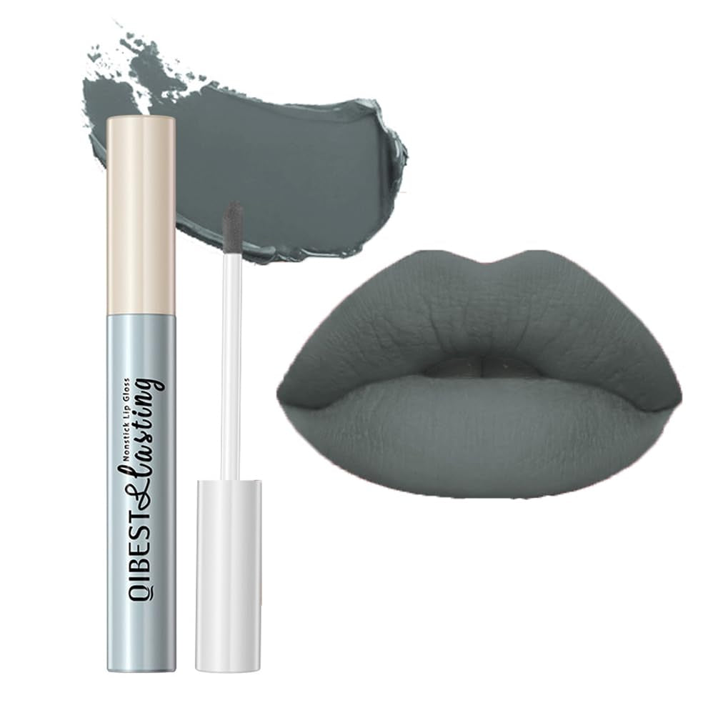 2Pcs Matte Lip Liner & Lip Gloss Kit White Green Black Purple Vampire Lipstick Non-Stick Cup Non-Fading Liquid Lipstick Long-Lasting for Halloween Cosplay (#4 Gray)