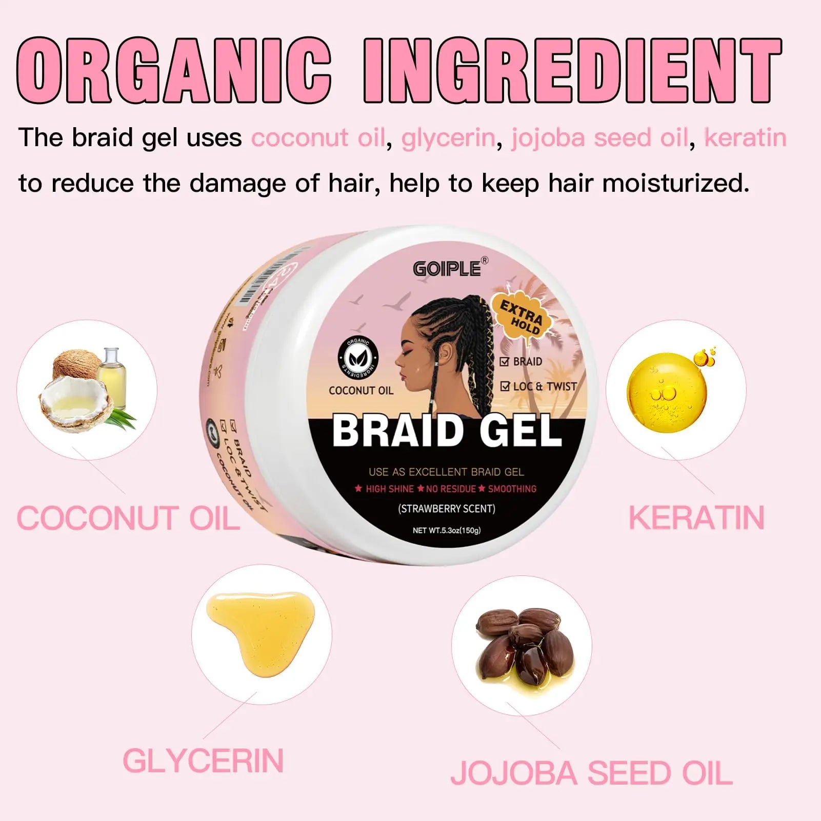 5.3Oz Strawberry Scent Braid Gel with Coconut Oil Loc & Twist Styling Frizz Control Smooth Hair Extra Hold Shaping Pomade