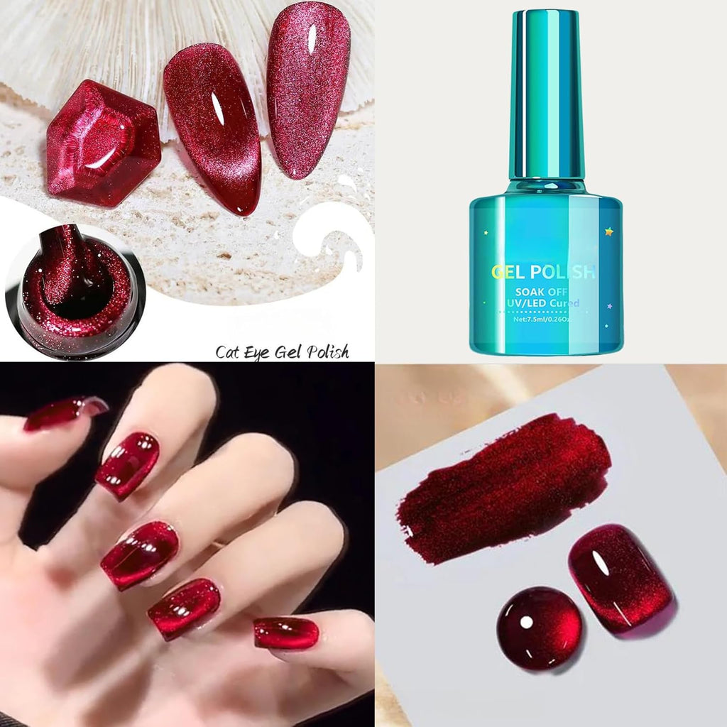 Red Cat Eye Gel Polish, 12D Cats Eye Effect, Wine Glitter Nail Polish, Magnetic Nail Polish Gel for Women