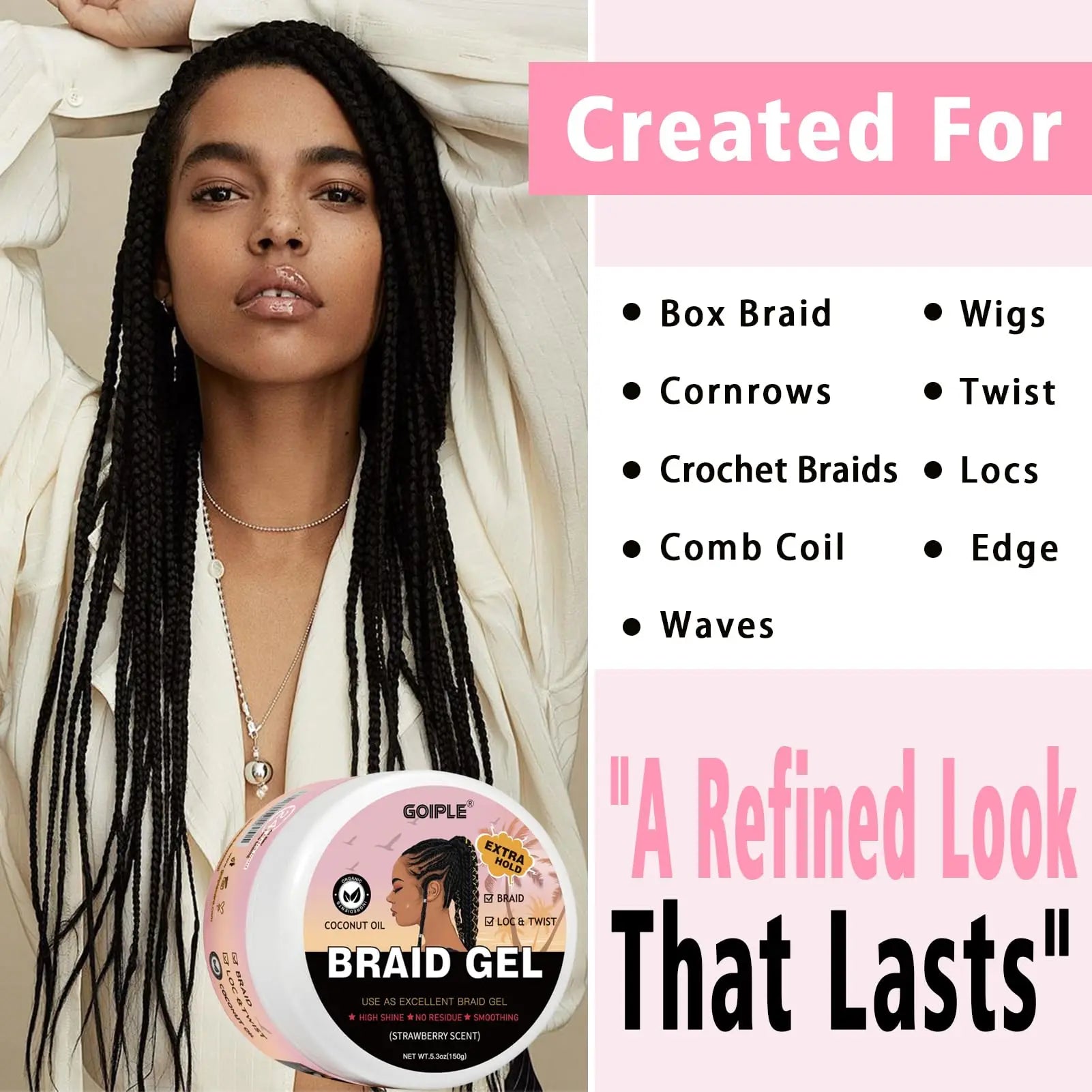 5.3Oz Strawberry Scent Braid Gel with Coconut Oil Loc & Twist Styling Frizz Control Smooth Hair Extra Hold Shaping Pomade