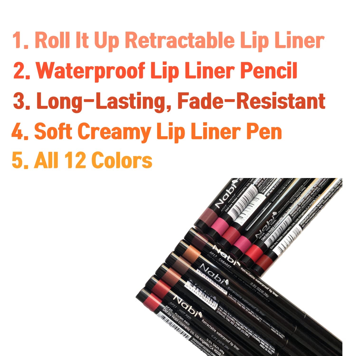 12 Colors Retractable Waterproof Lip Liner Set, Roll It up Auto Lip Liner Pencil, Long Lasting Fade Resistant