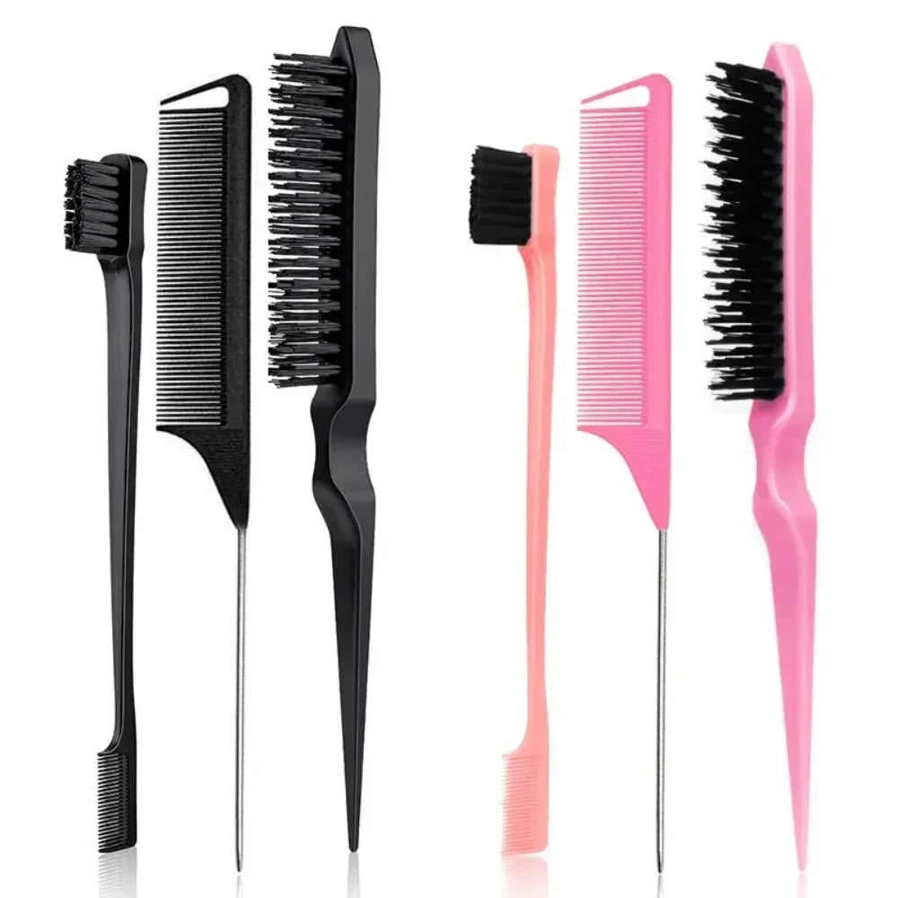 3Pcs Slick Back Hair Brush Set Bristle Hair Brush Teasing Comb for Women Black Hair