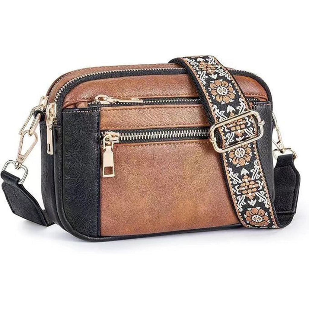 Triple Zip Crossbody Bag – Color Block PU Shoulder Bag for Women