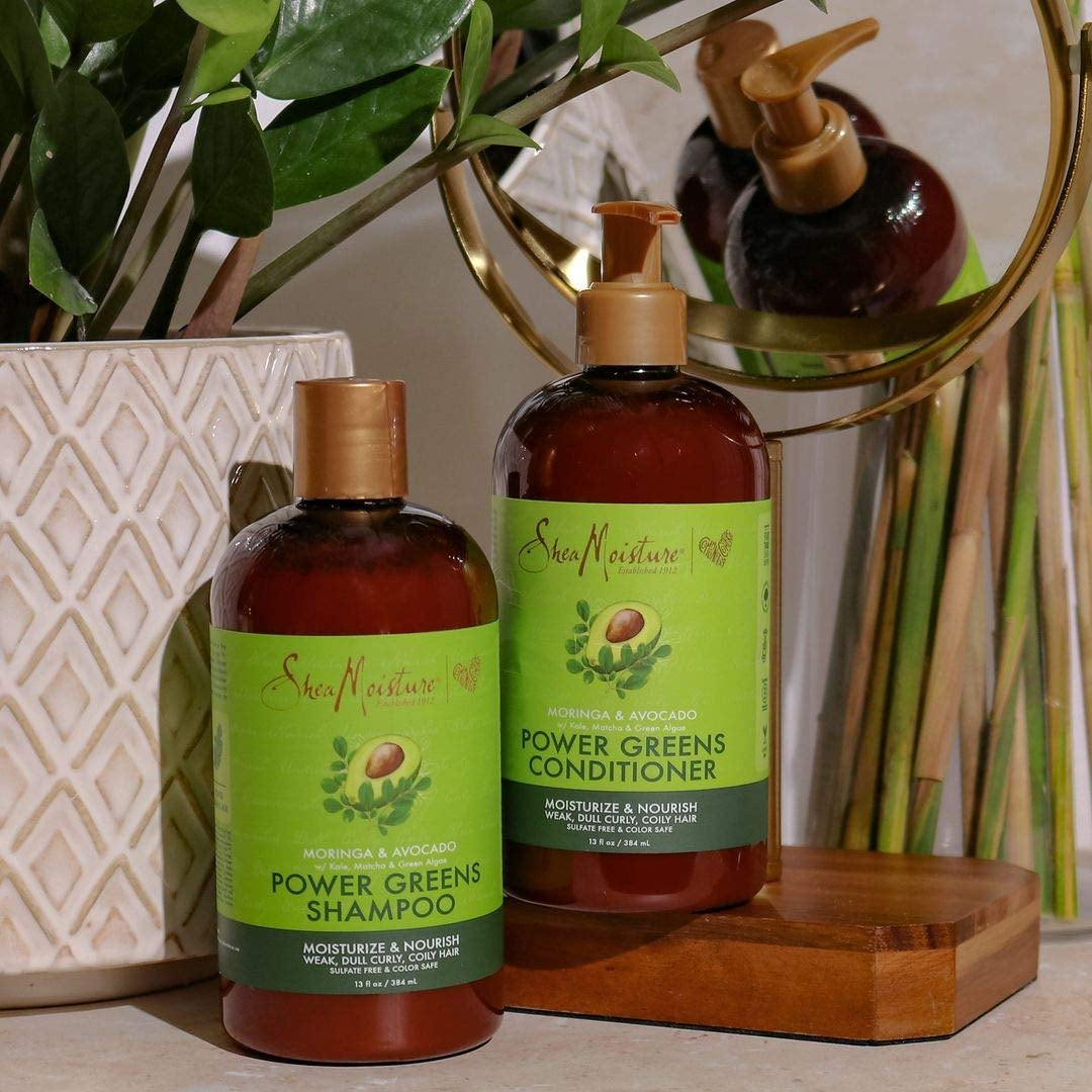Sheamoisture Power Greens Curly Hair Shampoo and Conditioner Dry Hair Moringa Avocado to Moisturize, 13 Fl Oz (Pack of 2)