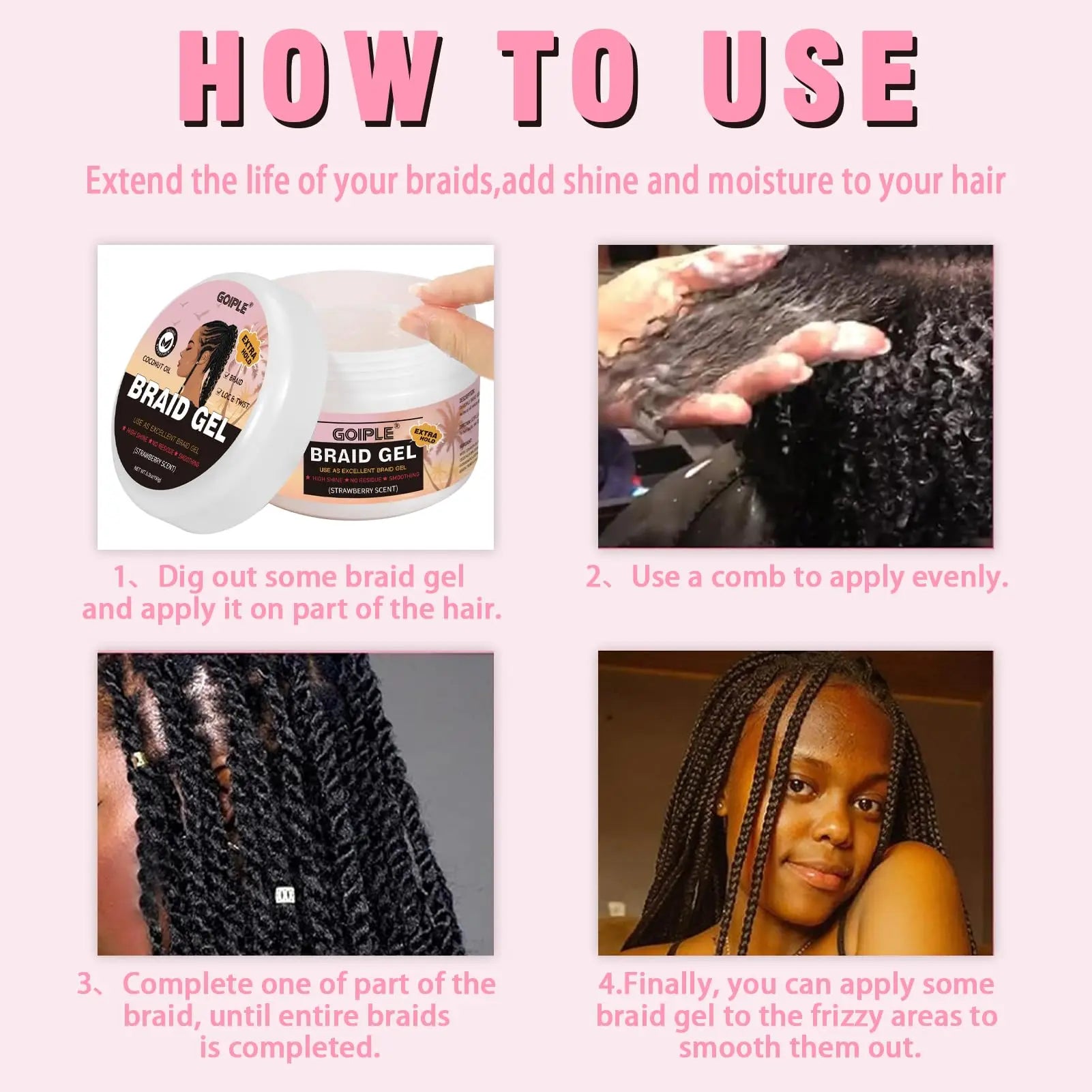 5.3Oz Strawberry Scent Braid Gel with Coconut Oil Loc & Twist Styling Frizz Control Smooth Hair Extra Hold Shaping Pomade