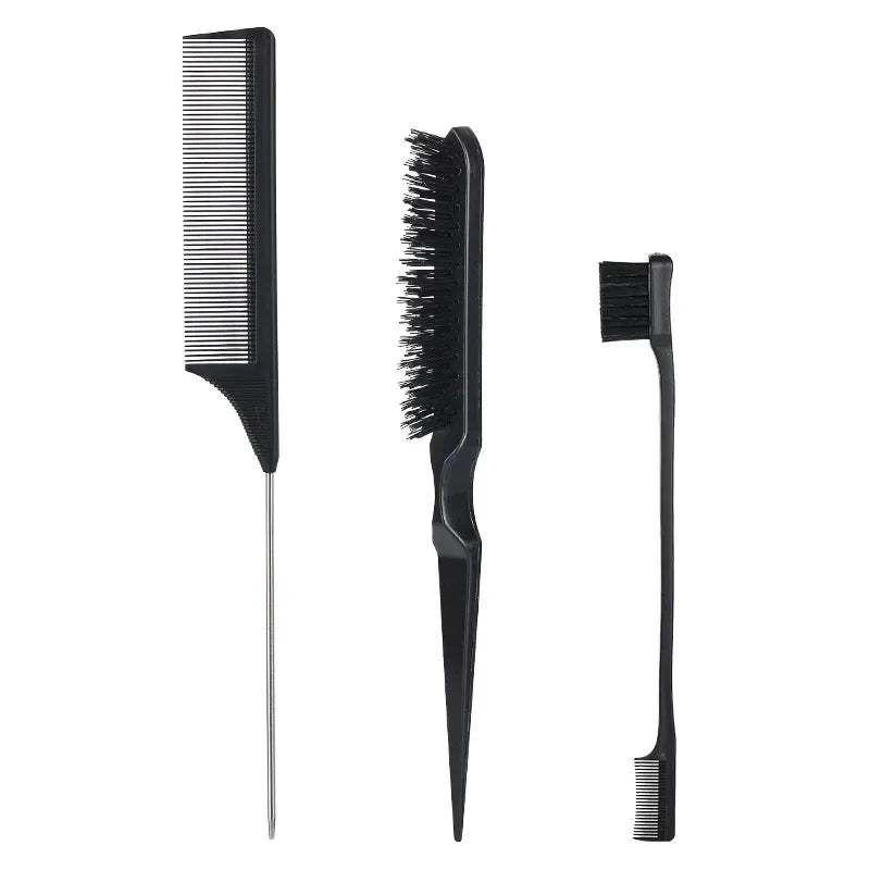 3Pcs Slick Back Hair Brush Set Bristle Hair Brush Teasing Comb for Women Black Hair