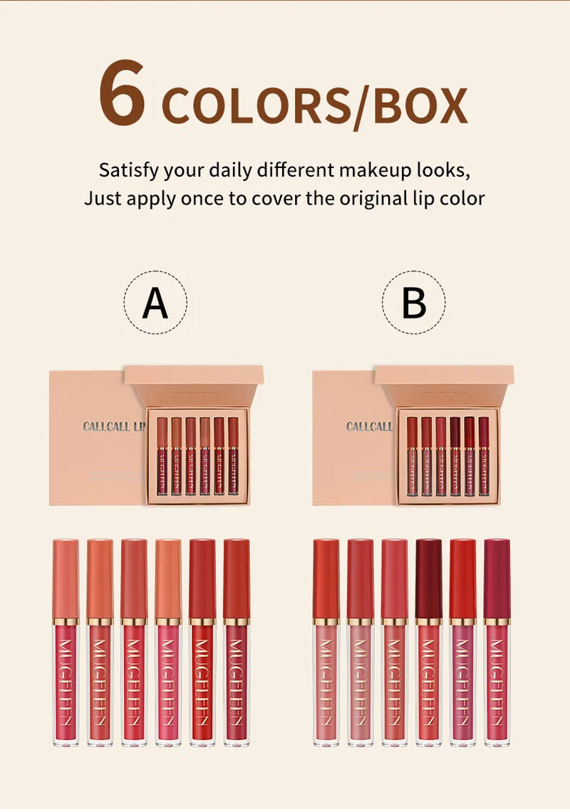 CALLCALL LING Transfer-Proof Velvet Matte Liquid Lipstick Set - 6-Piece Set , Long-Lasting Non-Smudge