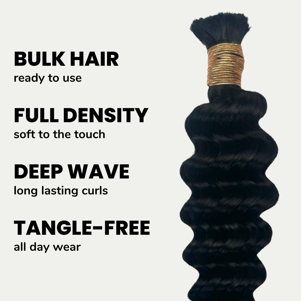 Jet Black Deep Wave Bulk Human Braiding Hair