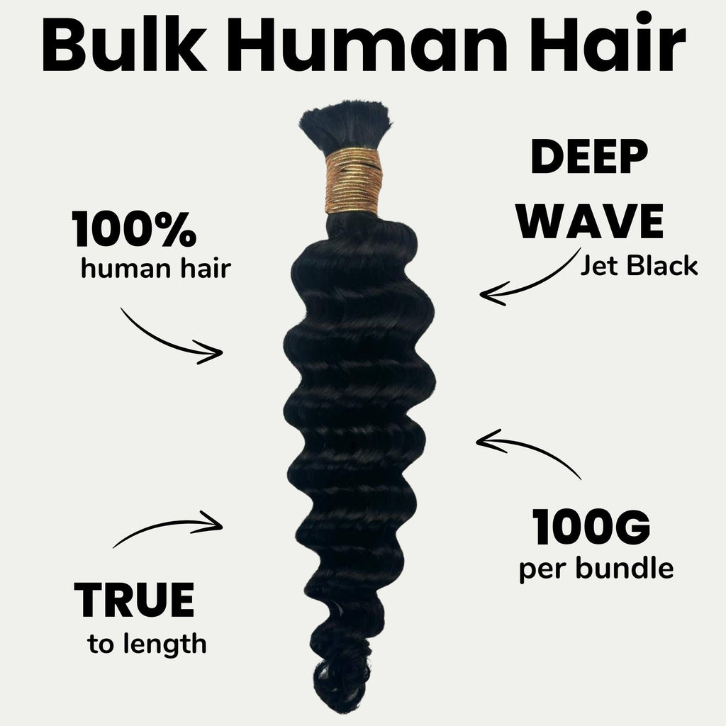 Jet Black Deep Wave Bulk Human Braiding Hair