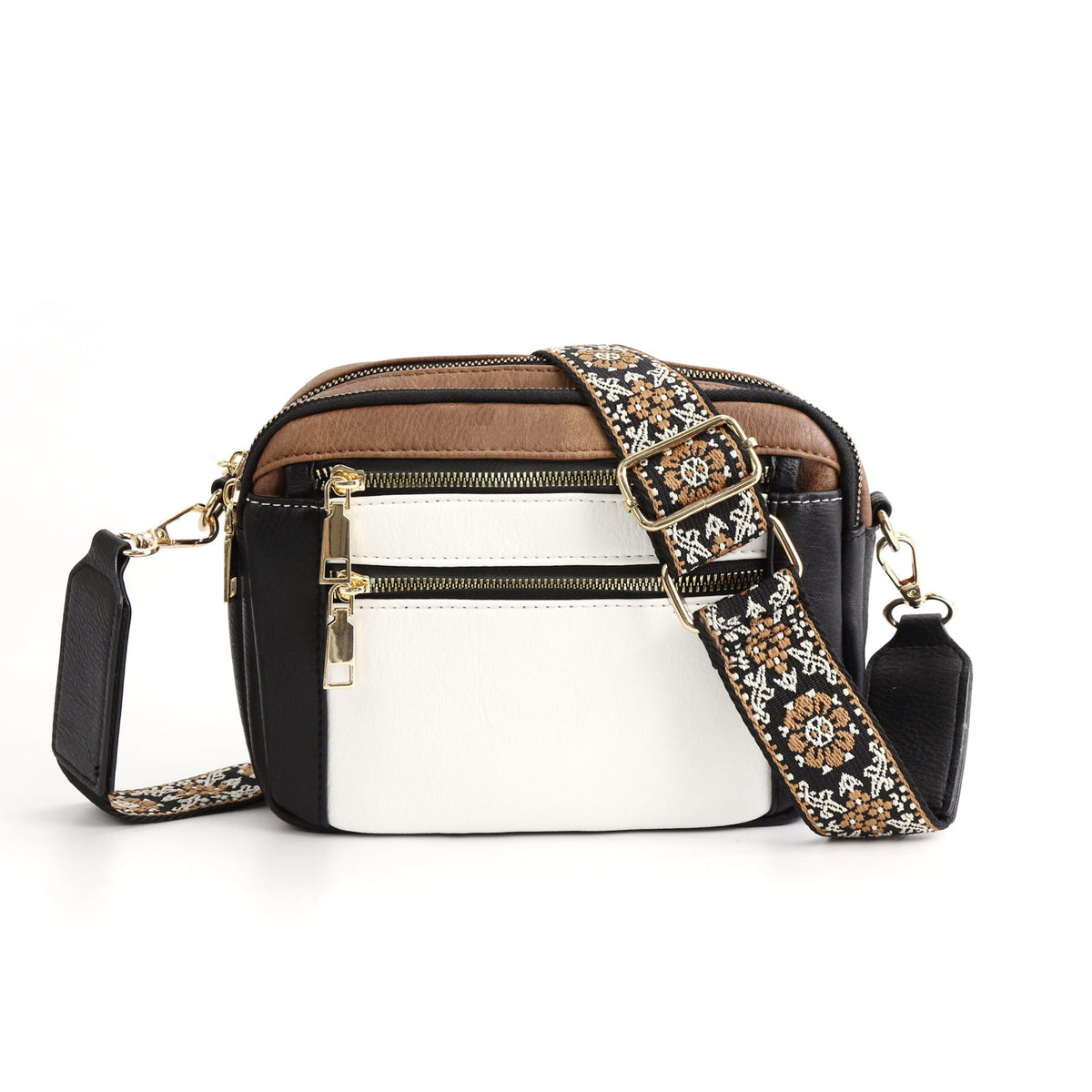 Triple Zip Crossbody Bag – Color Block PU Shoulder Bag for Women