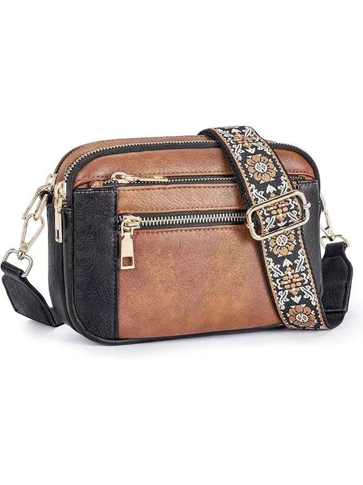 Triple Zip Crossbody Bag – Color Block PU Shoulder Bag for Women