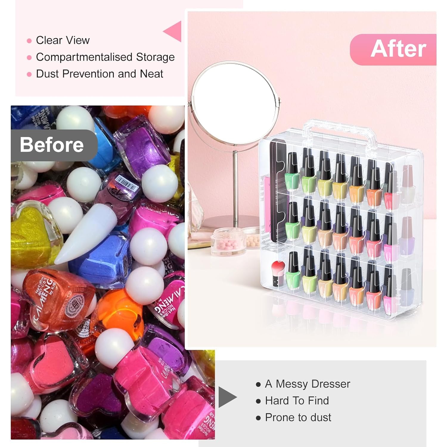 Nail Polish Organizer, 48 Bottles Transparent Nail Polish Holder with Adjustable Divider, Gel Nail Polish Storage Double Side Nail Polish Organizer Case for Storage Display