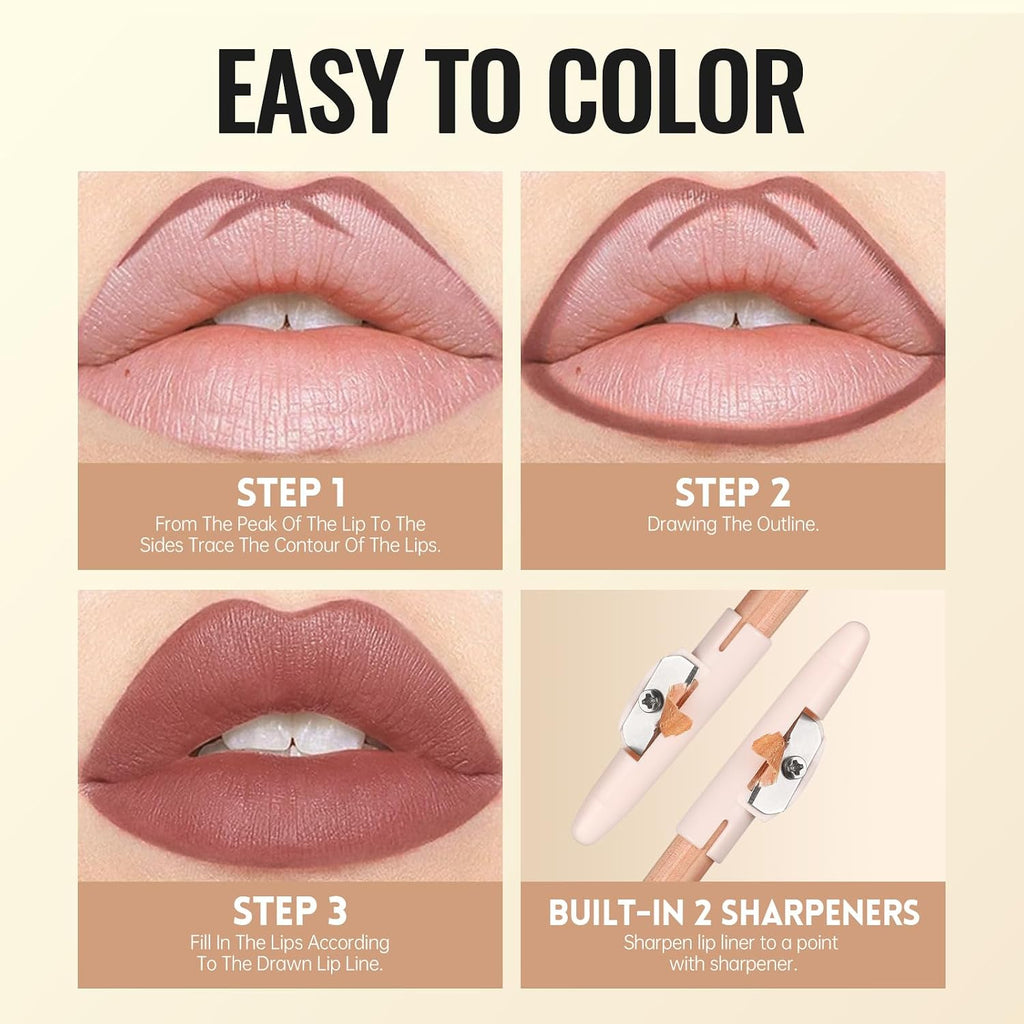 6 Colors Lip Liner Pencil, Nude-Brown Nude Lipliner for Defined Lips