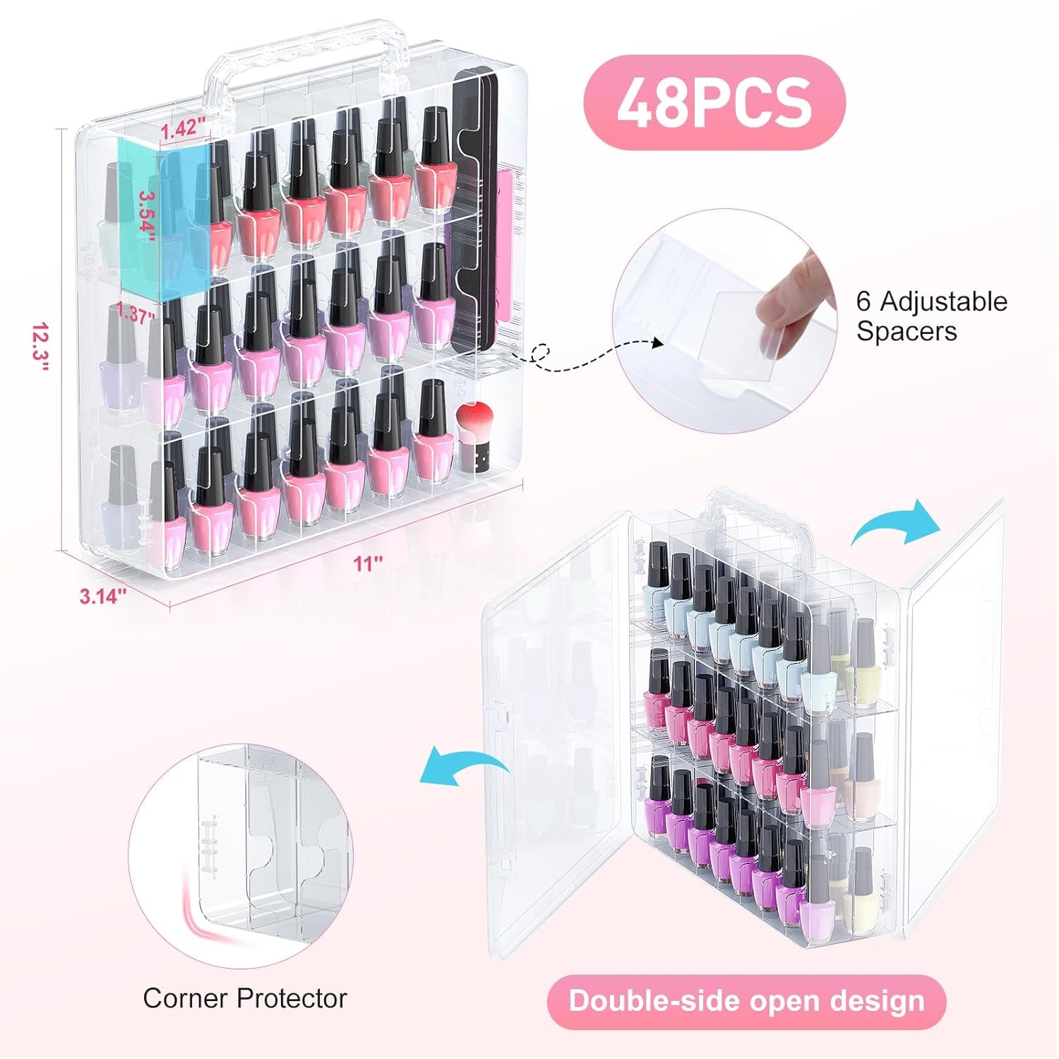 Nail Polish Organizer, 48 Bottles Transparent Nail Polish Holder with Adjustable Divider, Gel Nail Polish Storage Double Side Nail Polish Organizer Case for Storage Display
