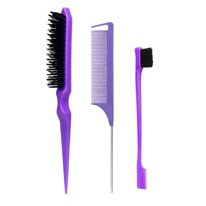 3Pcs Slick Back Hair Brush Set Bristle Hair Brush Teasing Comb for Women Black Hair