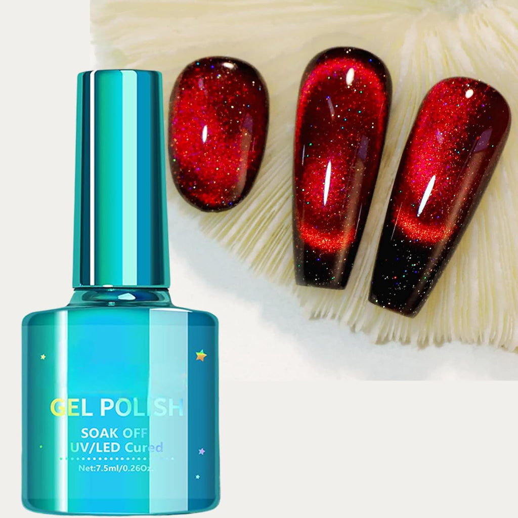 Red Cat Eye Gel Polish, 12D Cats Eye Effect, Wine Glitter Nail Polish, Magnetic Nail Polish Gel for Women